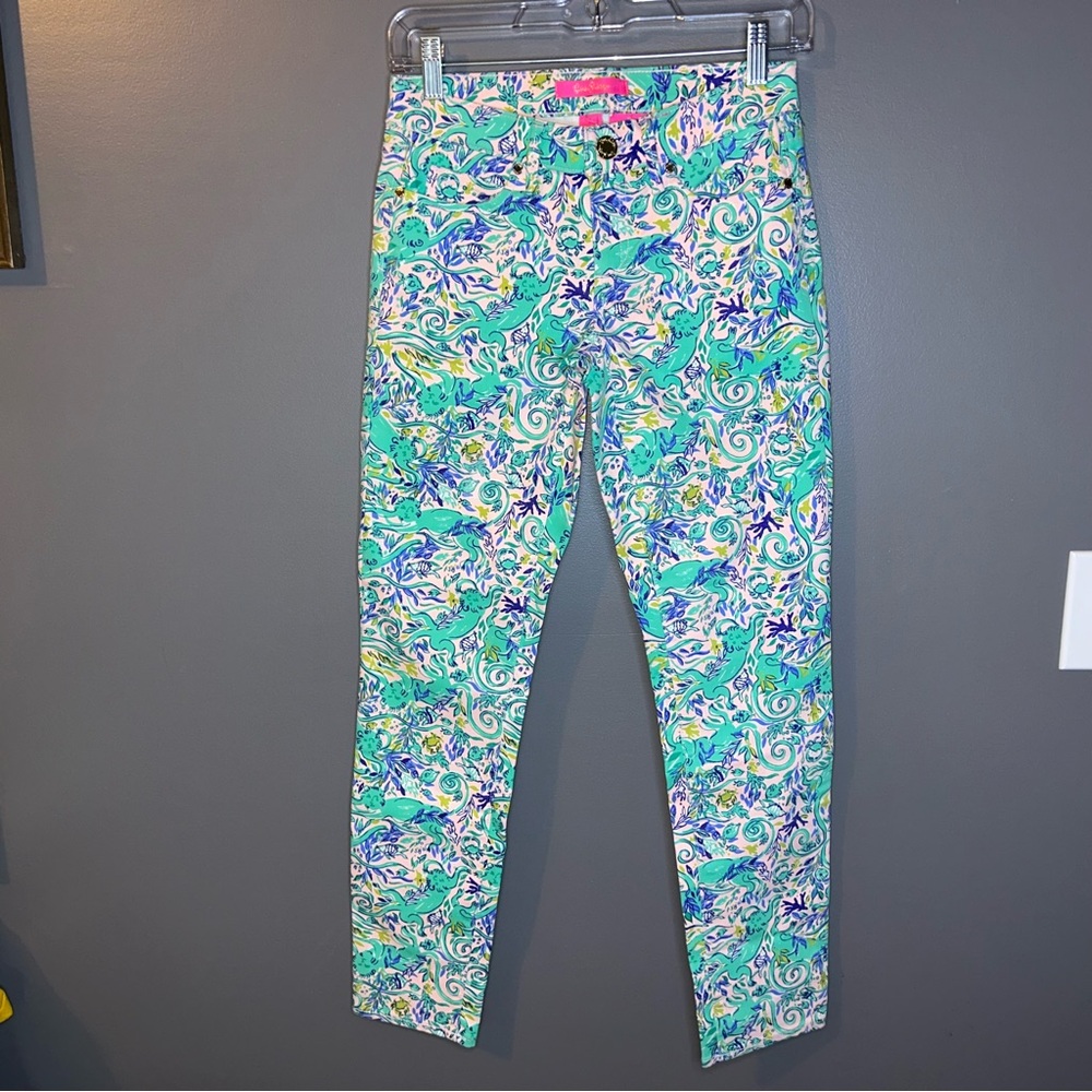 NWT Lilly Pulitzer South Ocean Skinny Crop Pants in Monkey Sea Melon Fig Size 0 - Picture 2 of 7